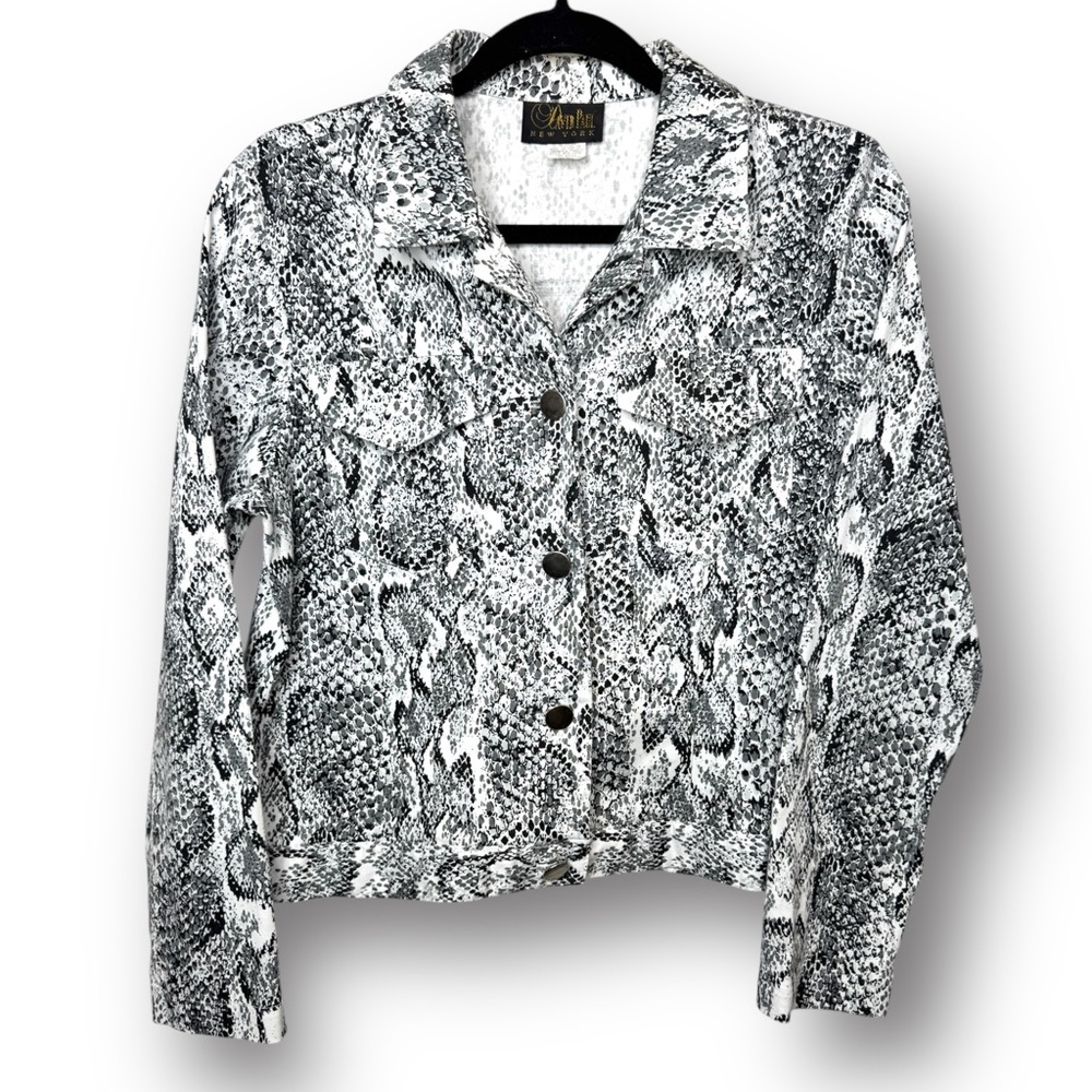 Vintage Y2K David Paul NY M Black White Snakeskin Cropped Button Down Jacket